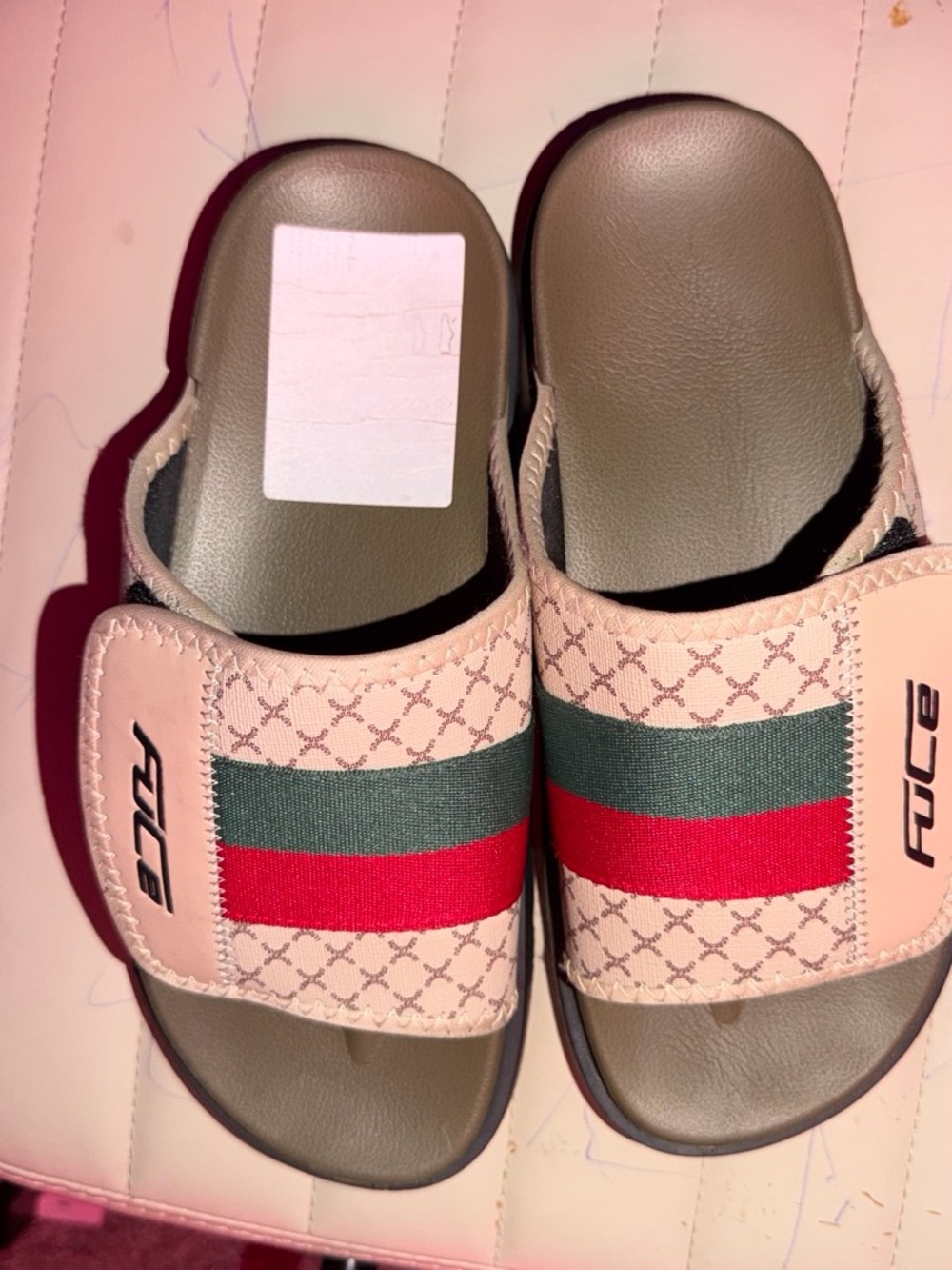 Kids Adjustable Slide Sandals in Beige with Red & Green Stripe